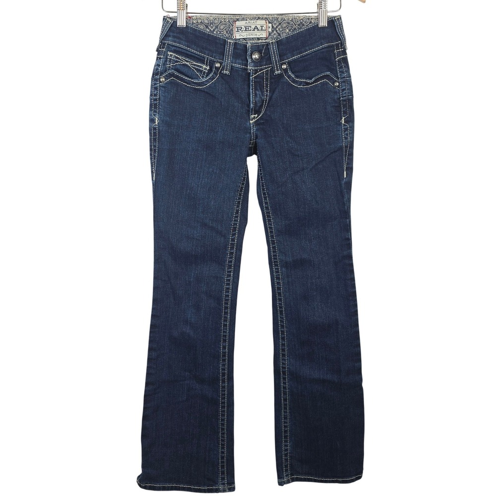 Ariat REAL Denim‎ Women 27R Dark Wash Bootcut Jeans Embellished Thick Stitch Mid
